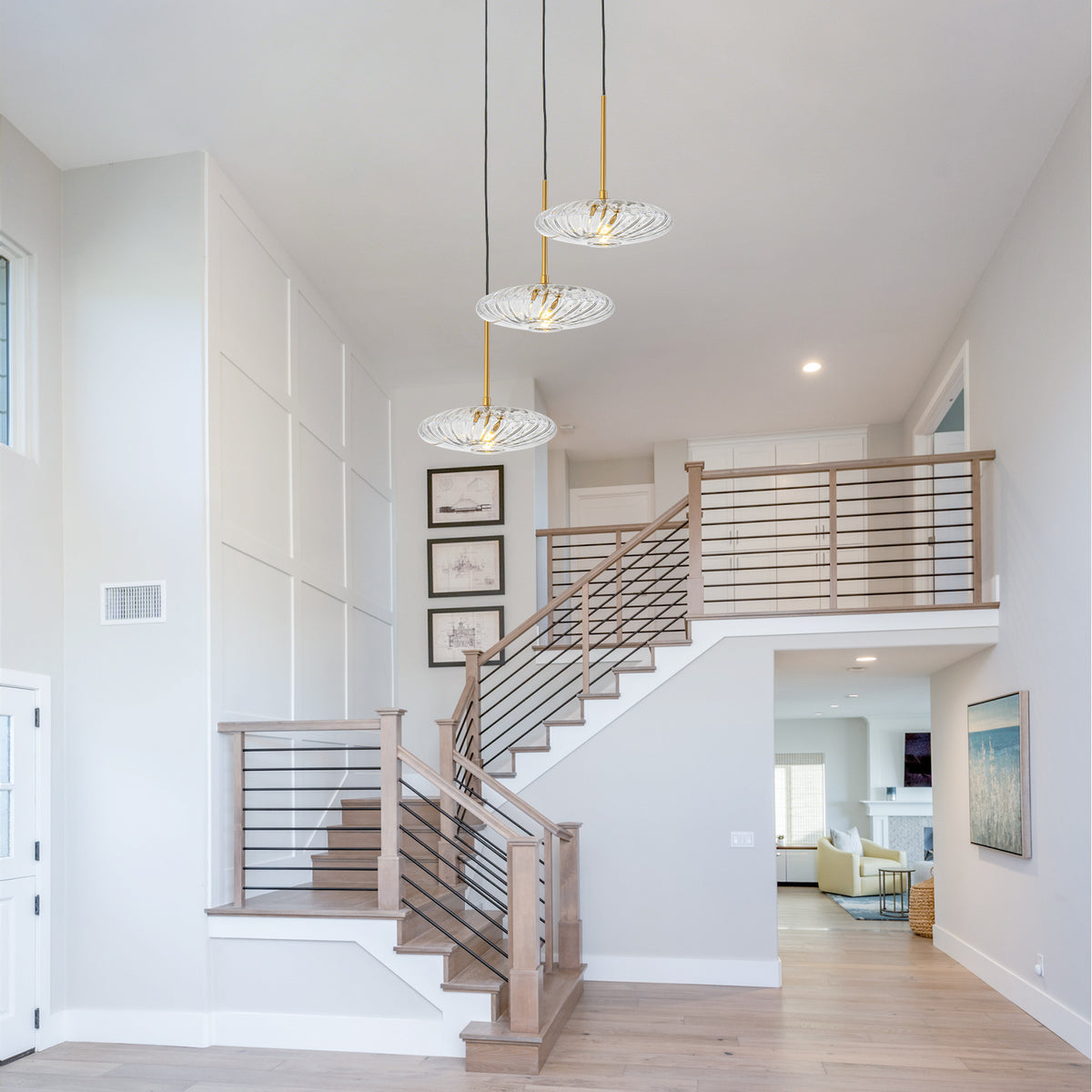 3-Light Matte Brass Pendant Light Clear Ribbed Glass Shades Kitchen