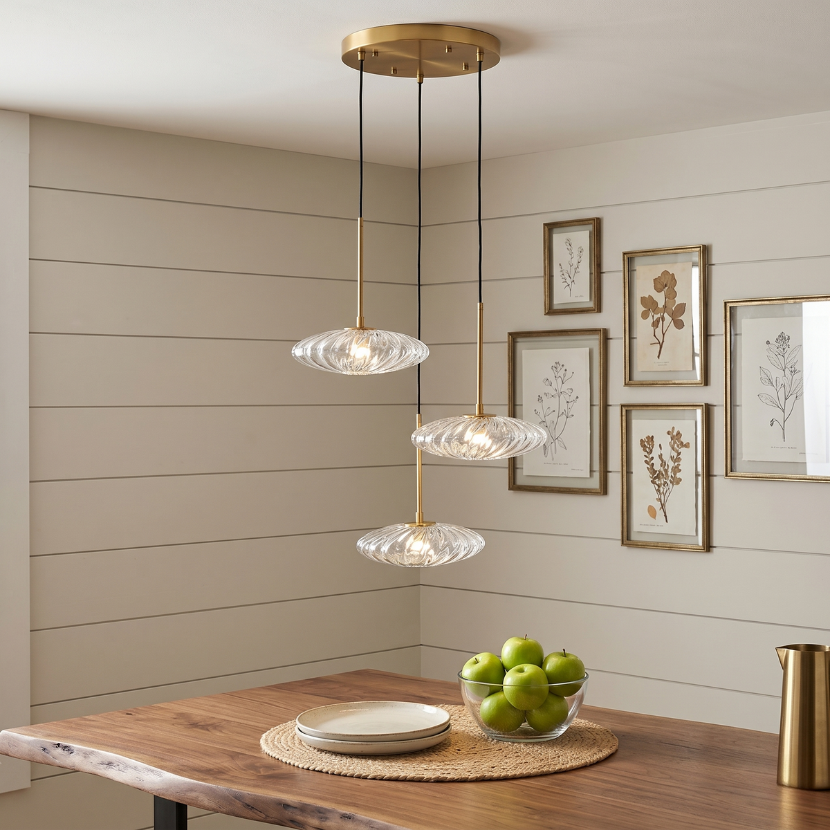 3-Light Matte Brass Pendant Light Clear Ribbed Glass Shades Kitchen