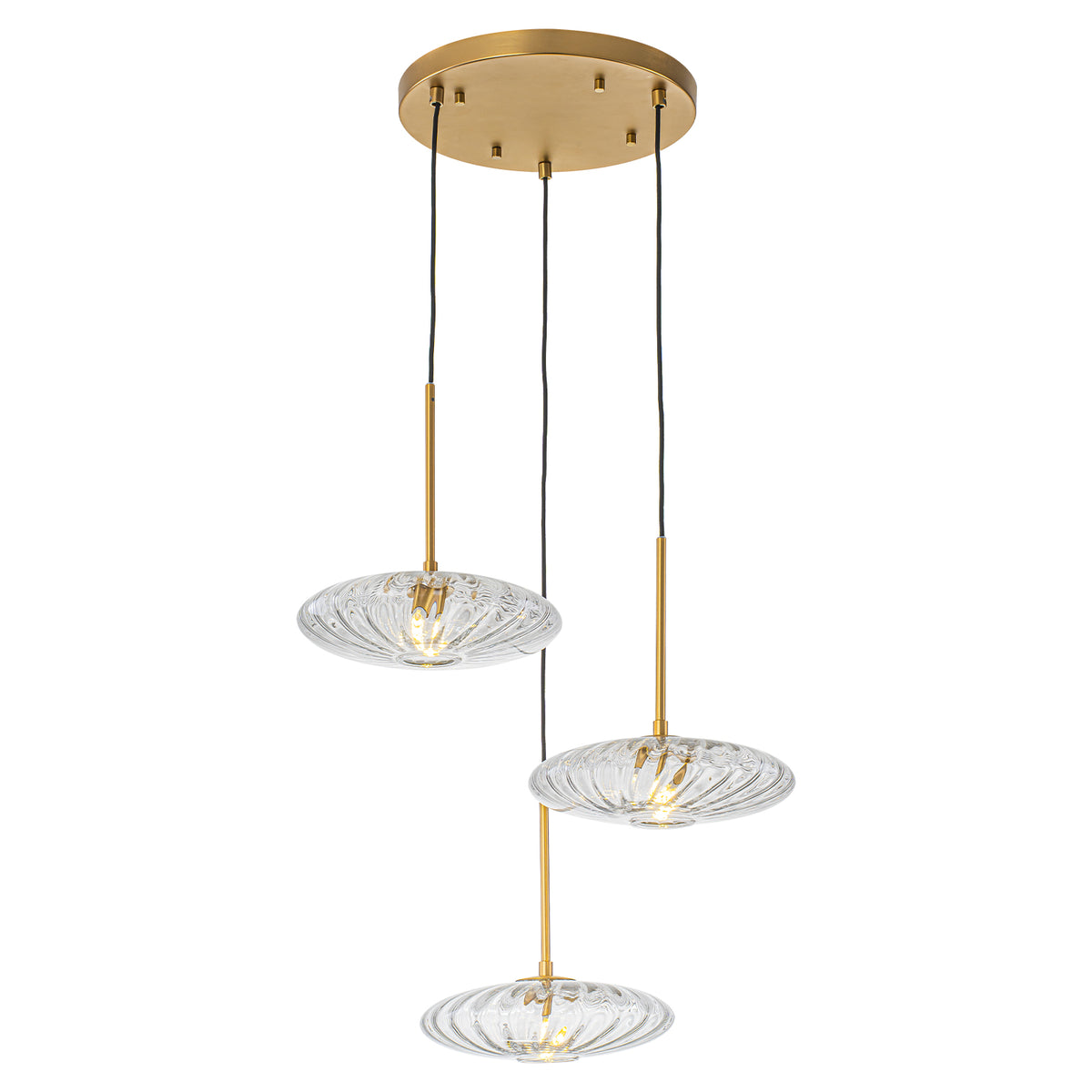 3-Light Matte Brass Pendant Light Clear Ribbed Glass Shades Kitchen