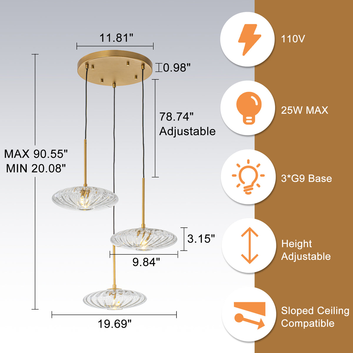 3-Light Matte Brass Pendant Light Clear Ribbed Glass Shades Kitchen