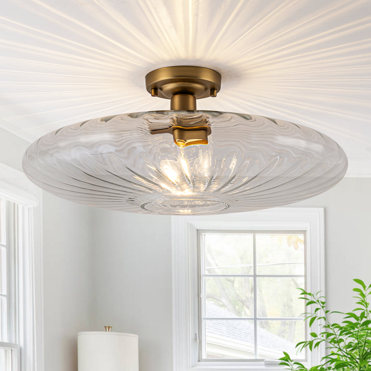 Modern Flush Mount Ceiling Light with Ribbed Clear Glass Shade - product image 1 | Zenvolit