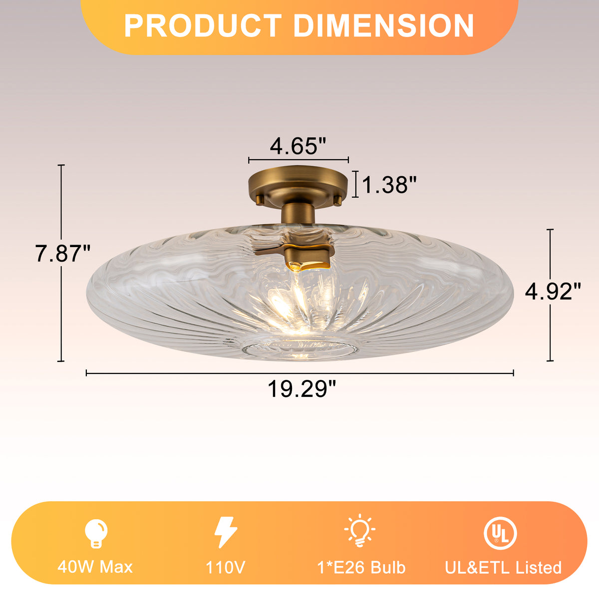 Modern Flush Mount Ceiling Light with Ribbed Clear Glass Shade - product image 3 | Zenvolit