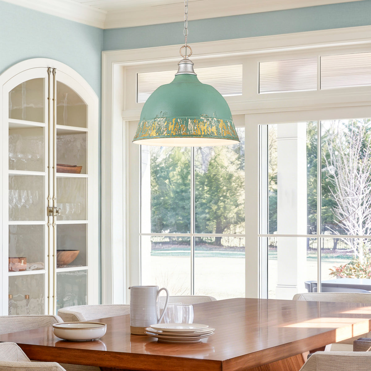 2-Light Farmhouse Pendant Light with Blue Distressed Gold Dome Shade - product image 9 | Zenvolit