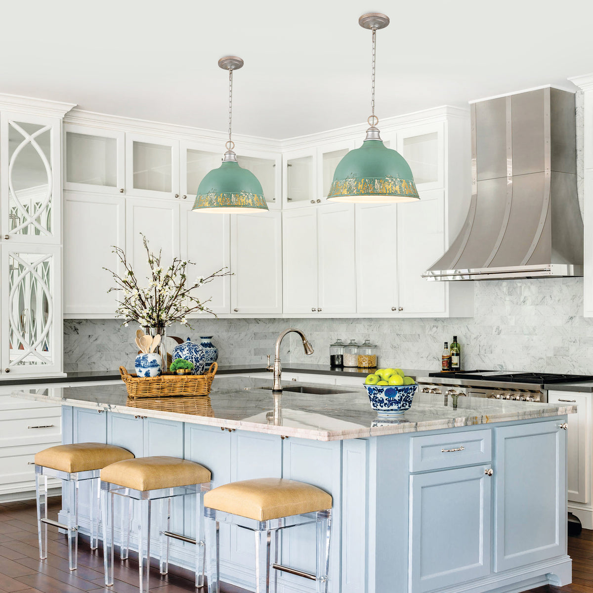 2-Light Farmhouse Pendant Light with Blue Distressed Gold Dome Shade - product image 10 | Zenvolit
