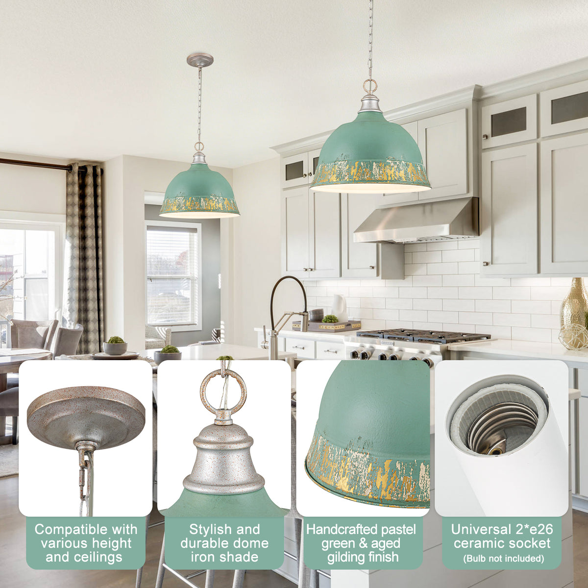 2-Light Farmhouse Pendant Light with Blue Distressed Gold Dome Shade - product image 14 | Zenvolit