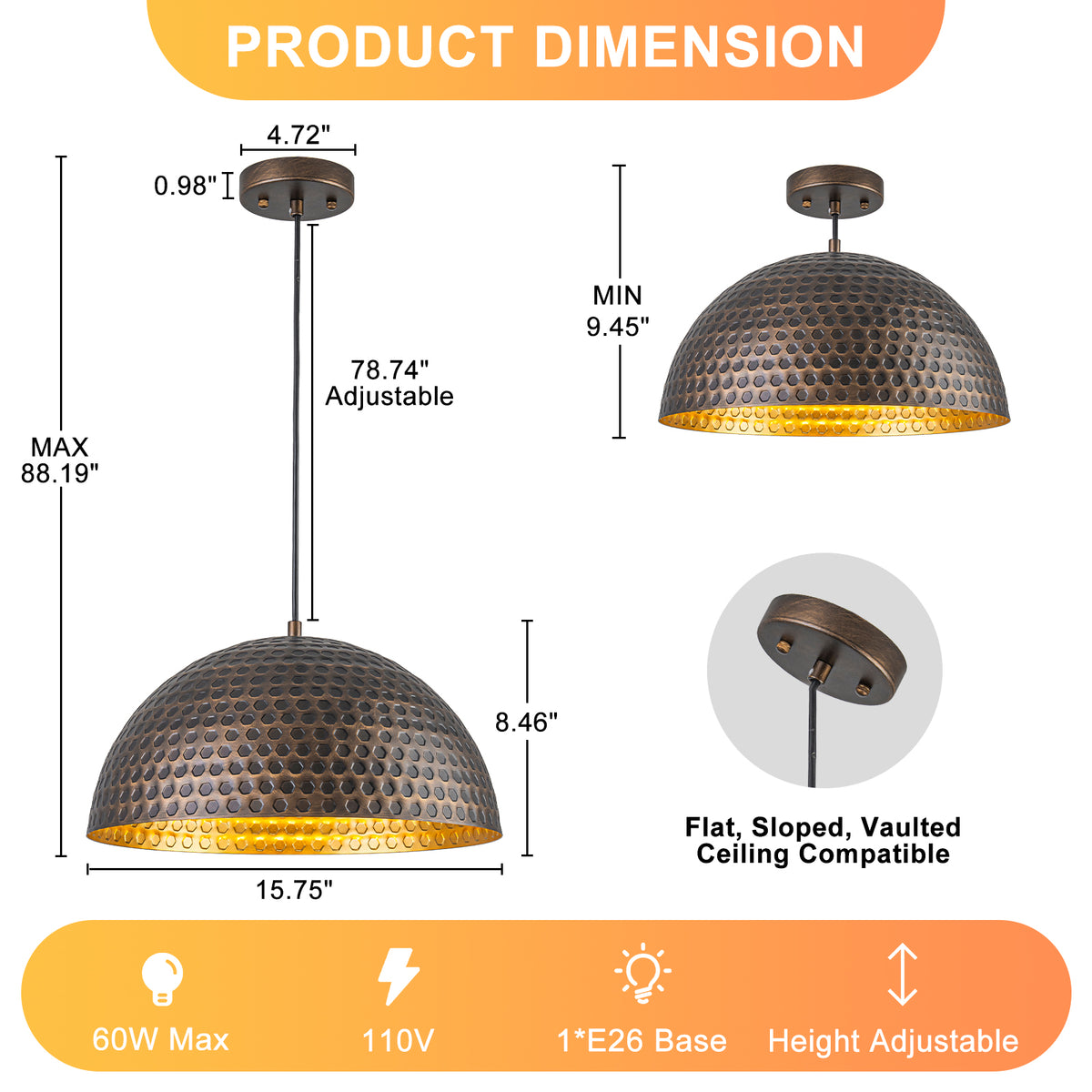 Oil-Rubbed Bronze Dome Pendant Light Metal Shade Kitchen Dining Room - product image 3 | Zenvolit