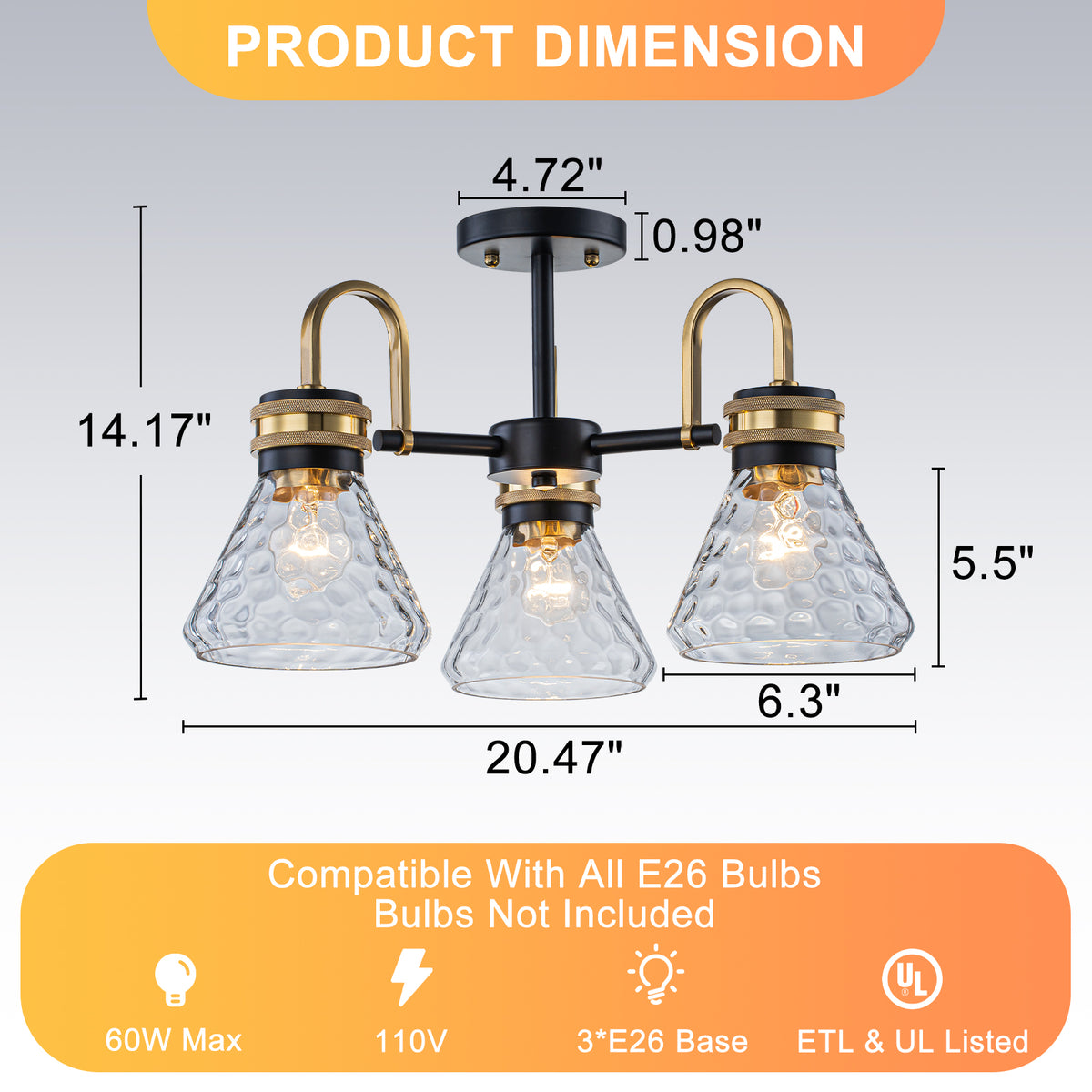 3-Light Semi-Flush Mount Ceiling Light Hammered Textured Glass Shades - product image 3 | Zenvolit
