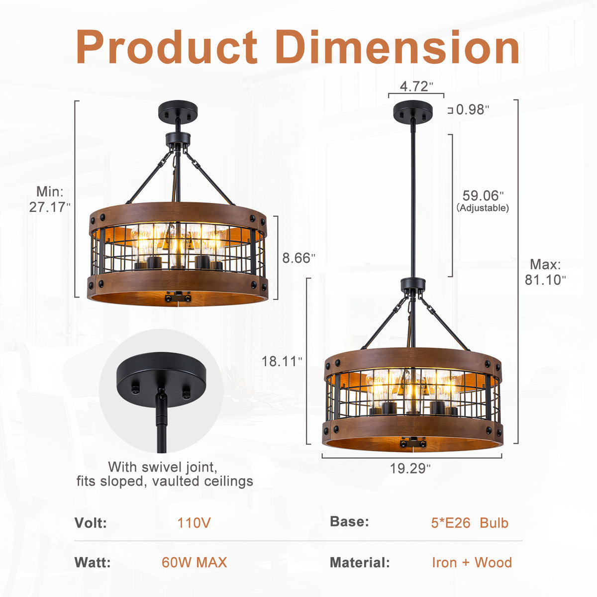 5-Light Black Rustic Farmhouse Chandelier Industrial Pendant Light - product image 5 | Zenvolit