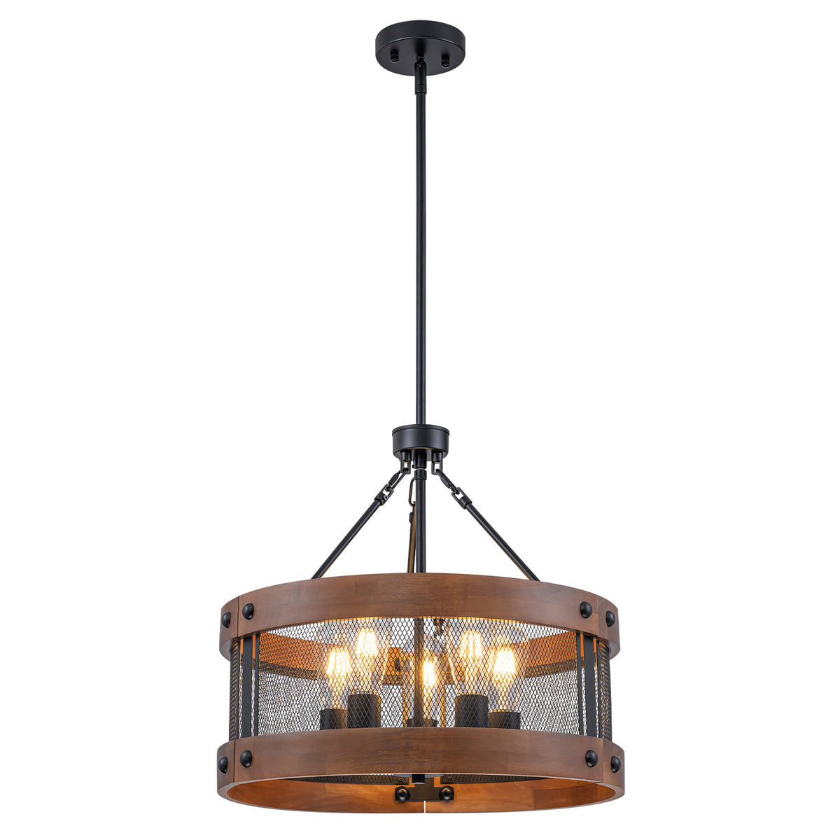 5-Light Matte Black Industrial Chandelier Metal Mesh Wood Rustic - product image 1 | Zenvolit