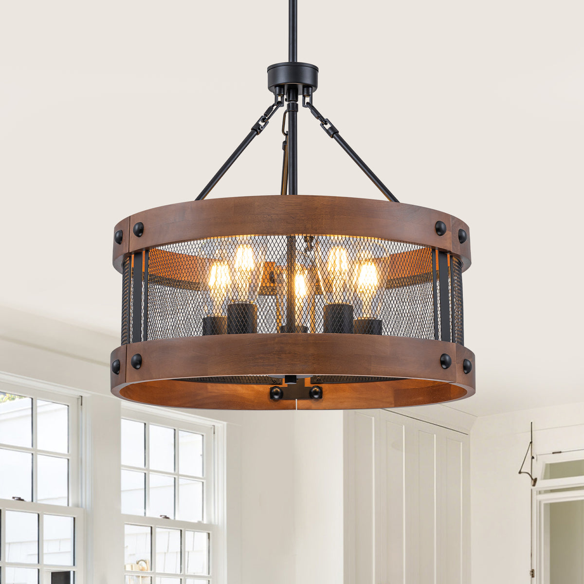5-Light Matte Black Industrial Chandelier Metal Mesh Wood Rustic - product image 2 | Zenvolit