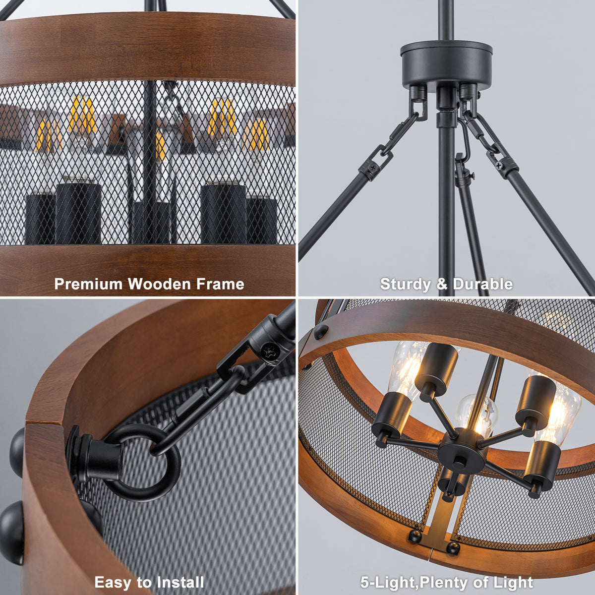 5-Light Matte Black Industrial Chandelier Metal Mesh Wood Rustic - product image 3 | Zenvolit