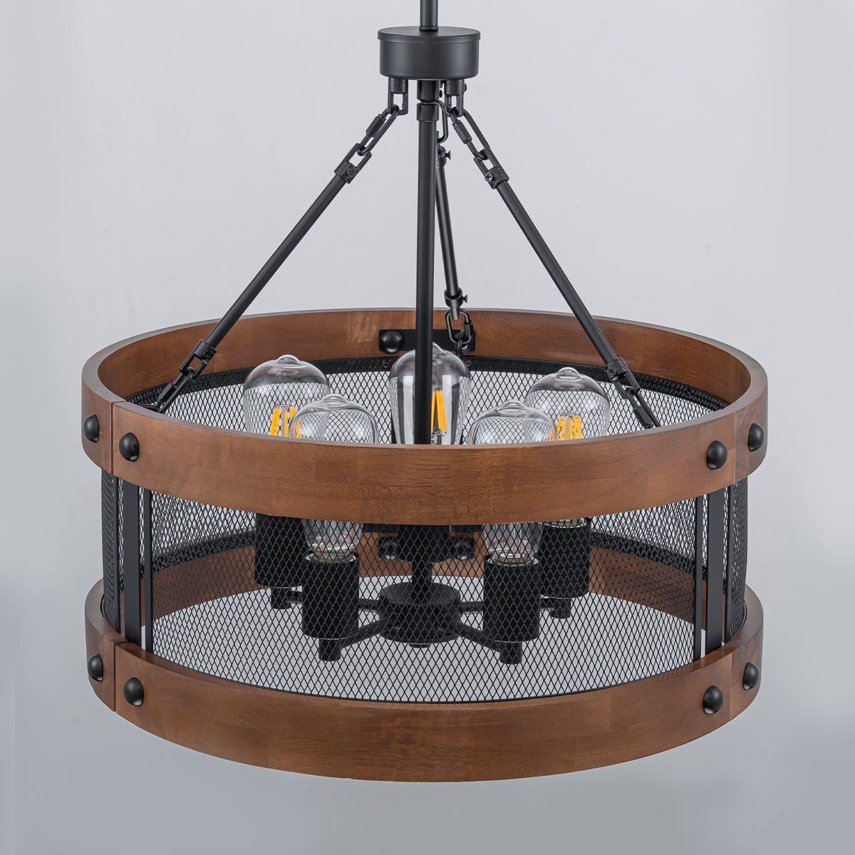 5-Light Matte Black Industrial Chandelier Metal Mesh Wood Rustic - product image 4 | Zenvolit