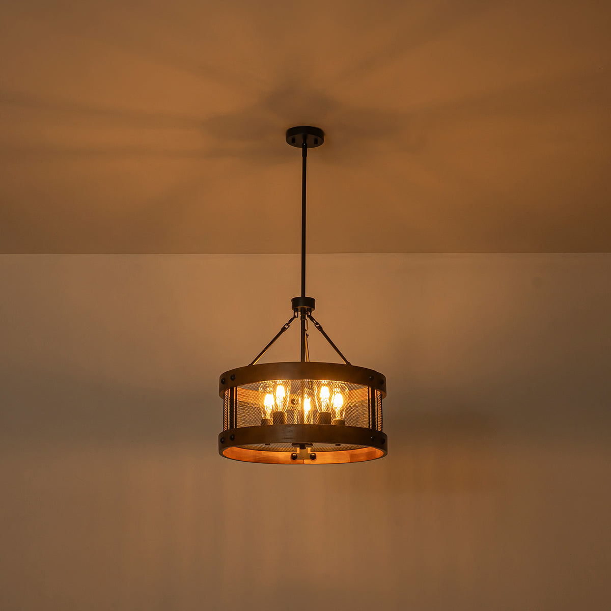 5-Light Matte Black Industrial Chandelier Metal Mesh Wood Rustic - product image 5 | Zenvolit