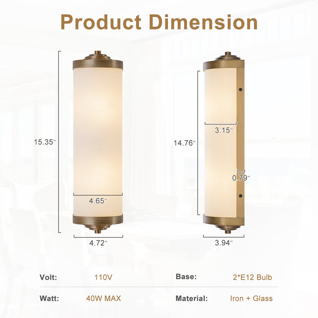 2-Light Antique Brass Cylinder Wall Sconce Frosted Glass Shade - product image 11 | Zenvolit