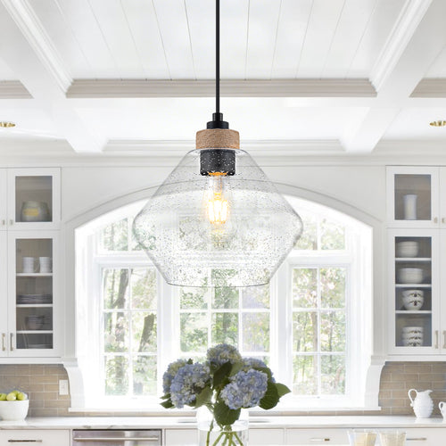 1-Light Modern Farmhouse Matte Black Pendant Light Seeded Glass Shade - product image 2 | Zenvolit