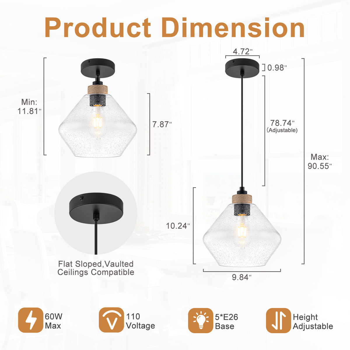 1-Light Modern Farmhouse Matte Black Pendant Light Seeded Glass Shade - product image 5 | Zenvolit