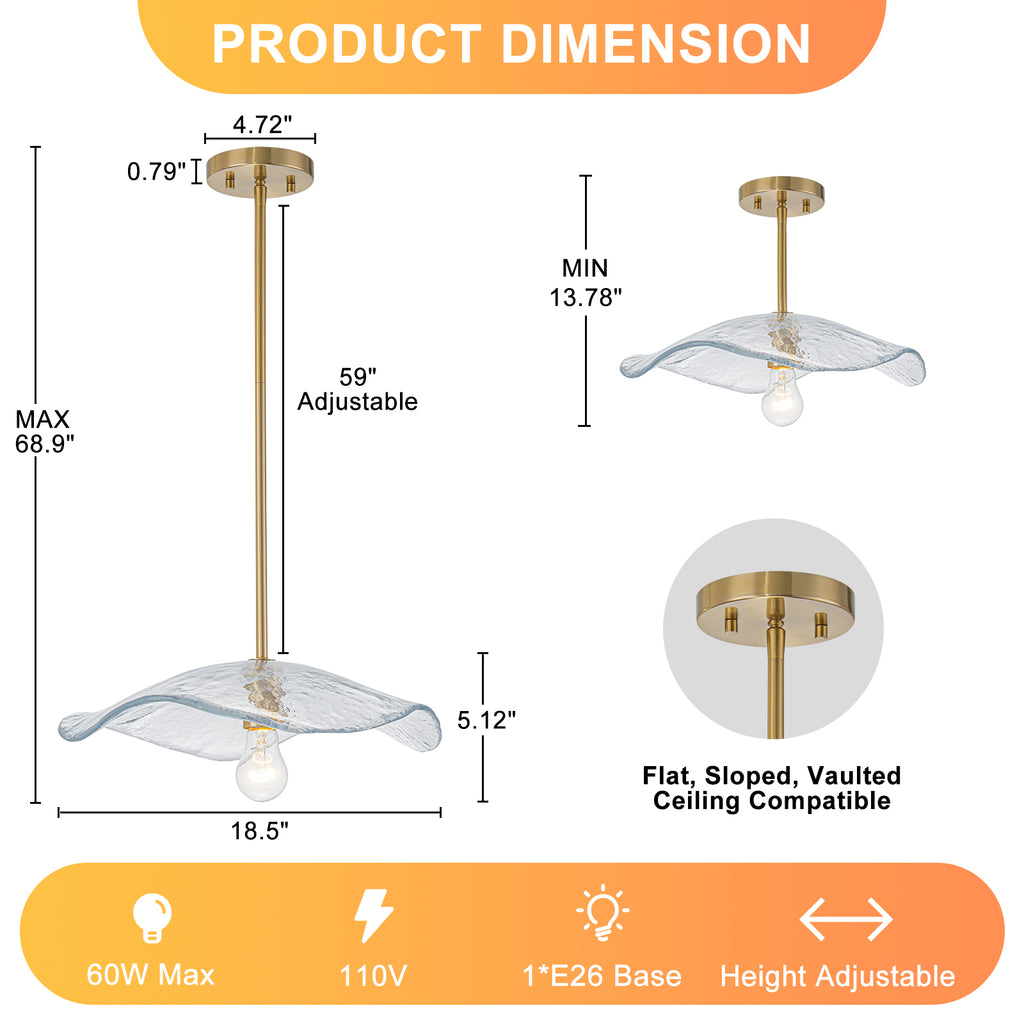 1-Light Antique Brass Pendant Light Fixture Clear Glass Kitchen Island - product image 7 | Zenvolit