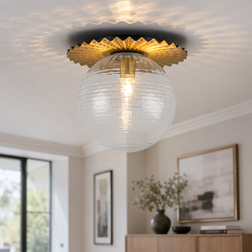 Gold Flush Mount Ceiling Light Clear Textured Glass Globe Bedroom