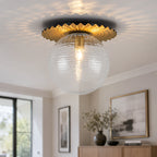 Gold Flush Mount Ceiling Light Clear Textured Glass Globe Bedroom