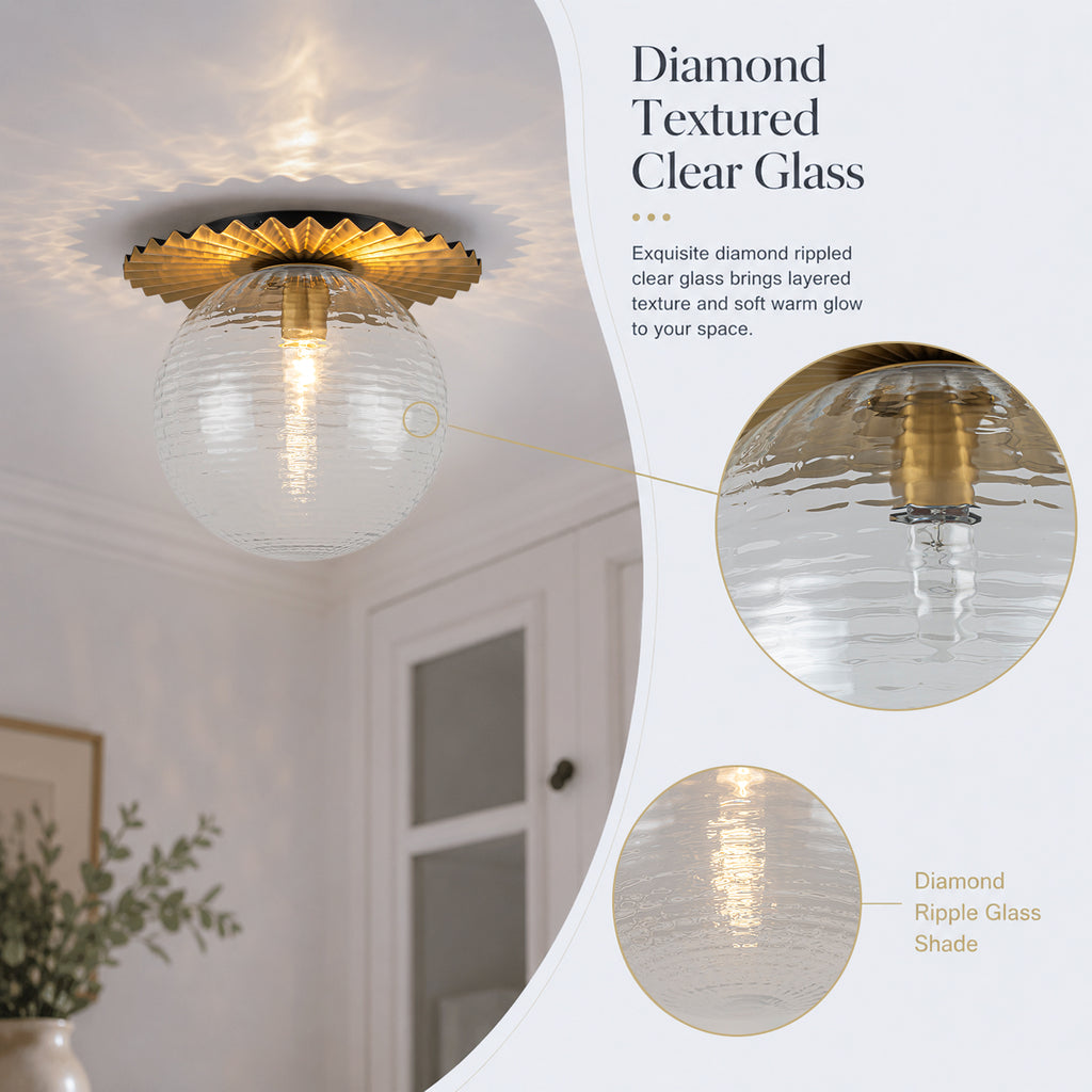 Gold Flush Mount Ceiling Light Clear Textured Glass Globe Bedroom