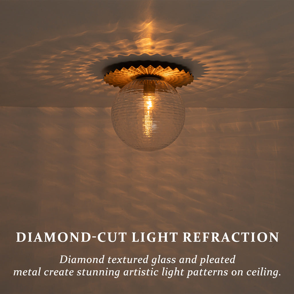 Gold Flush Mount Ceiling Light Clear Textured Glass Globe Bedroom