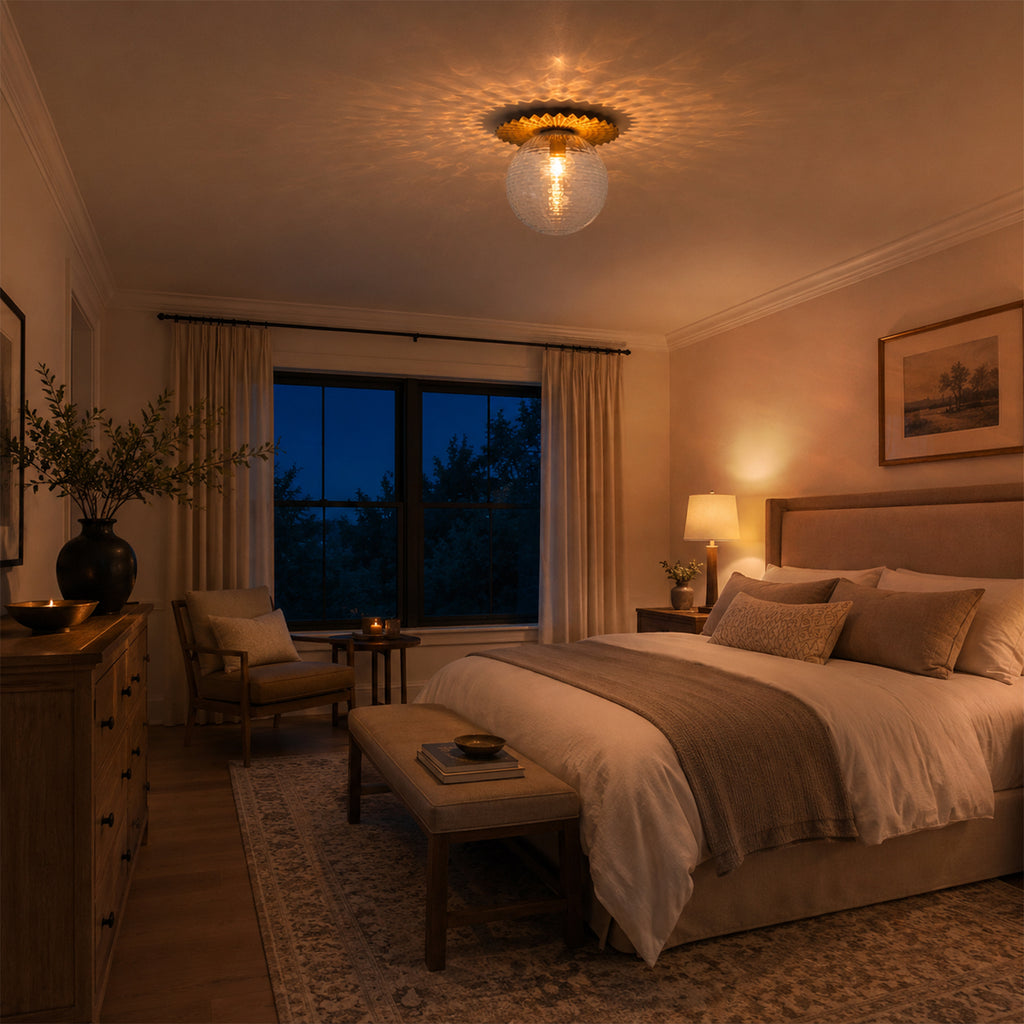 Gold Flush Mount Ceiling Light Clear Textured Glass Globe Bedroom