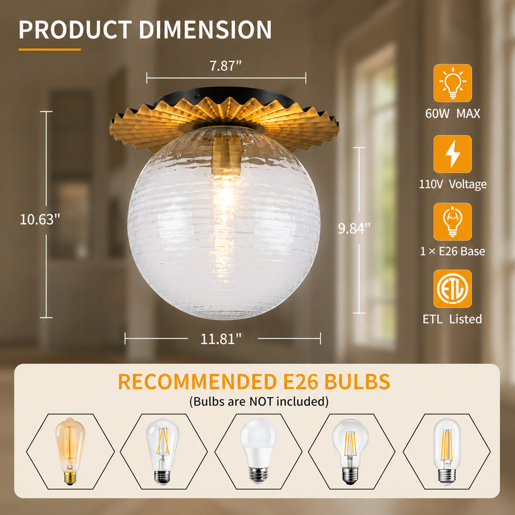 Gold Flush Mount Ceiling Light Clear Textured Glass Globe Bedroom