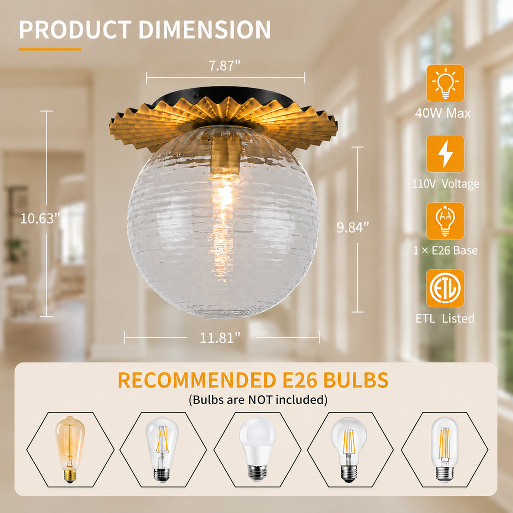 Gold Flush Mount Ceiling Light Clear Textured Glass Globe Bedroom