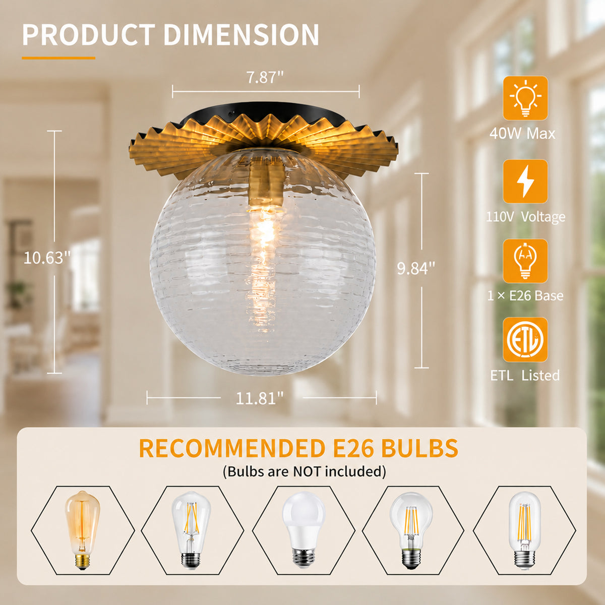 Gold Flush Mount Ceiling Light Clear Textured Glass Globe Bedroom