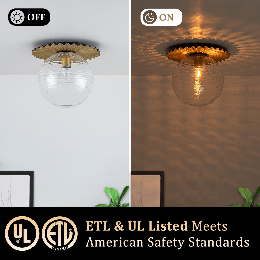 Gold Flush Mount Ceiling Light Clear Textured Glass Globe Bedroom