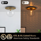 Gold Flush Mount Ceiling Light Clear Textured Glass Globe Bedroom