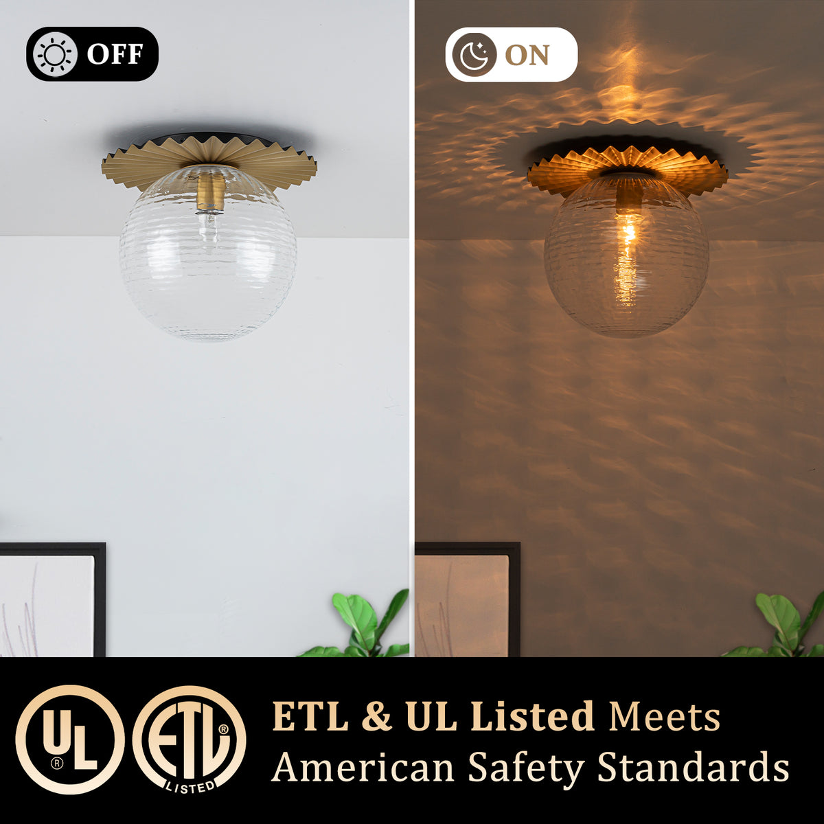Gold Flush Mount Ceiling Light Clear Textured Glass Globe Bedroom