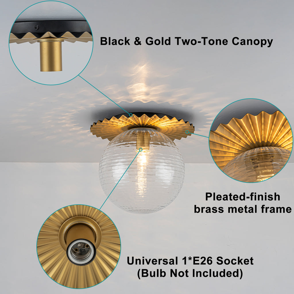 Gold Flush Mount Ceiling Light Clear Textured Glass Globe Bedroom