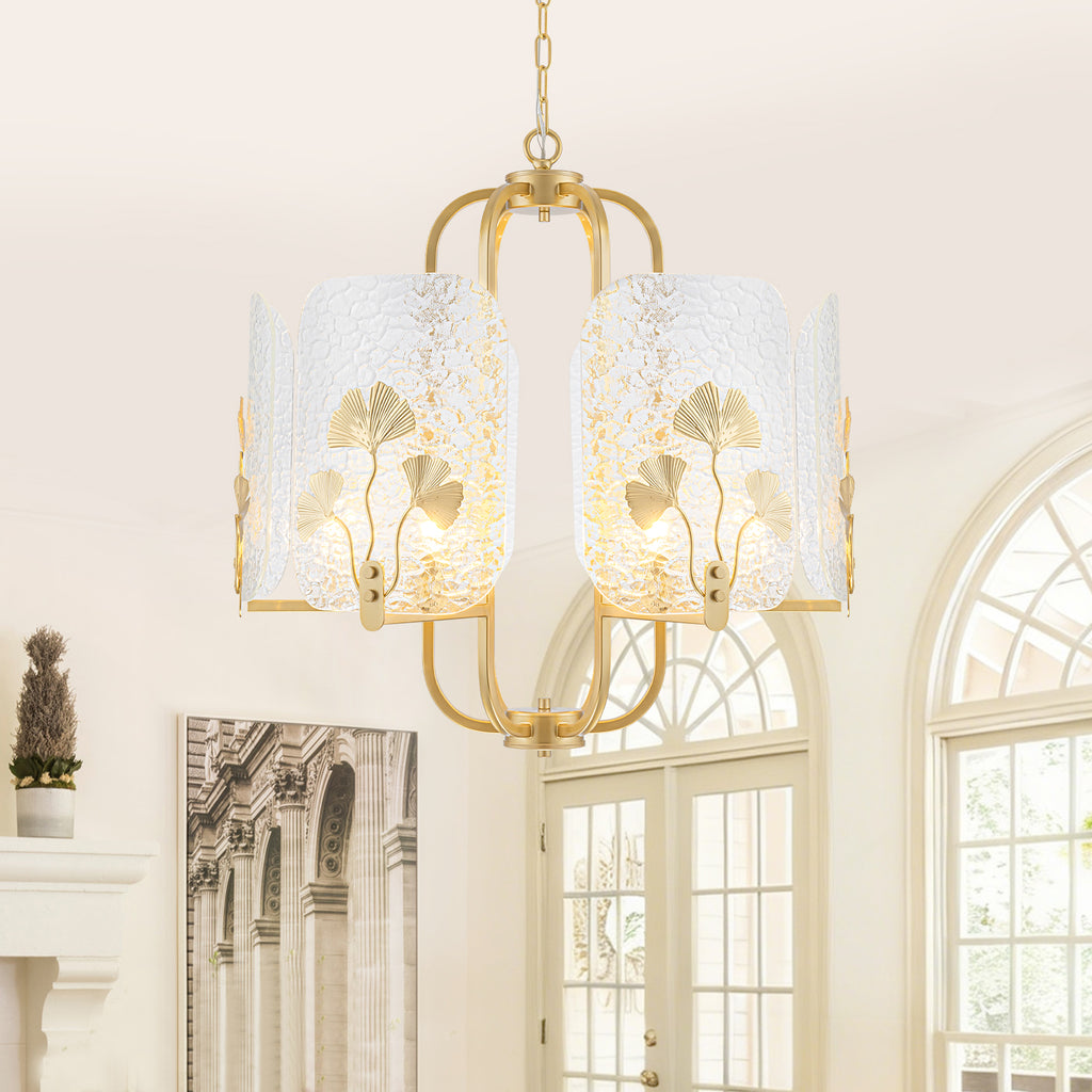 6-Light Modern Chandelier Hammered Glass Shades Leaf Accents Dining - product image 1 | Zenvolit