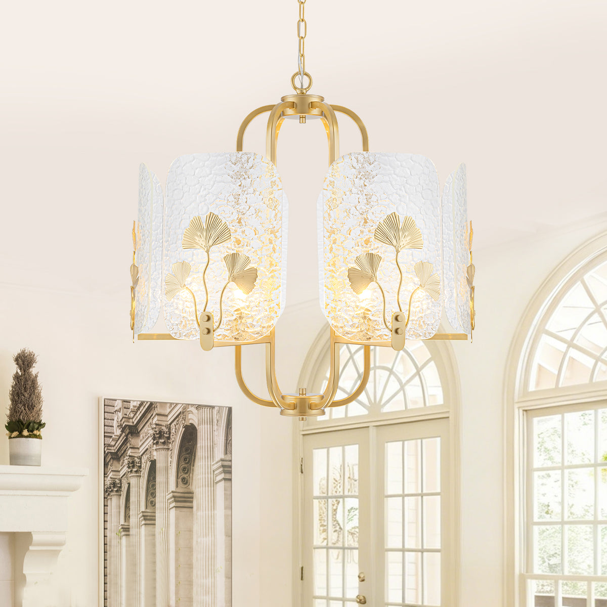 6-Light Modern Chandelier Hammered Glass Shades Leaf Accents Dining - product image 1 | Zenvolit