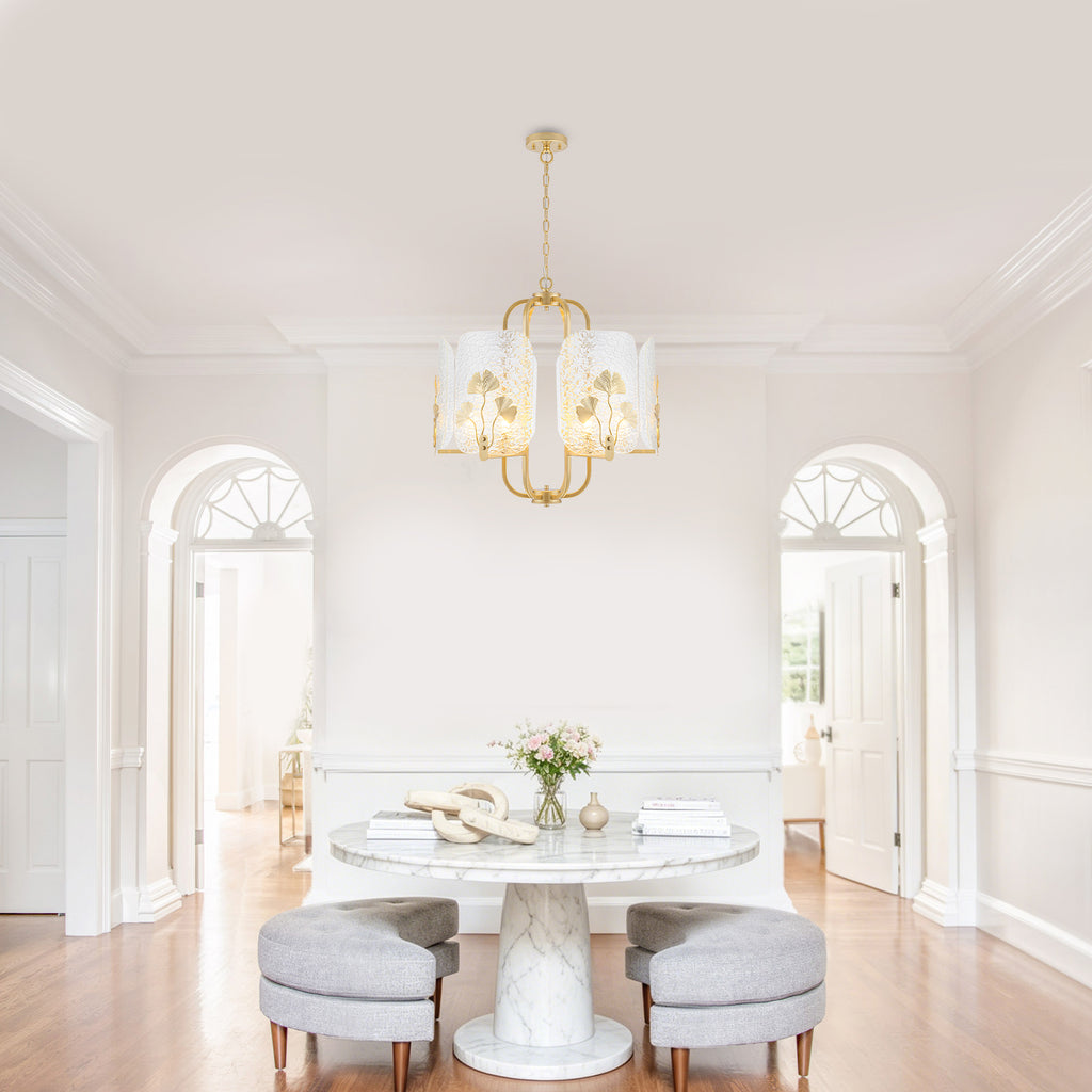 6-Light Modern Chandelier Hammered Glass Shades Leaf Accents Dining