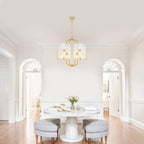 6-Light Modern Chandelier Hammered Glass Shades Leaf Accents Dining