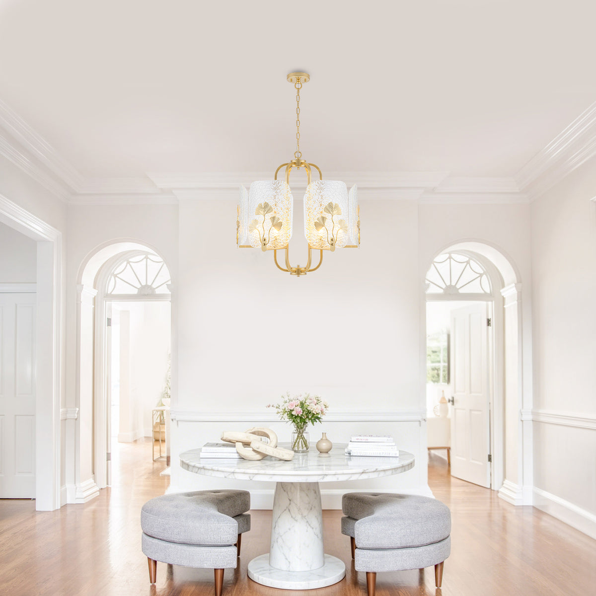 6-Light Modern Chandelier Hammered Glass Shades Leaf Accents Dining
