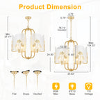 6-Light Modern Chandelier Hammered Glass Shades Leaf Accents Dining