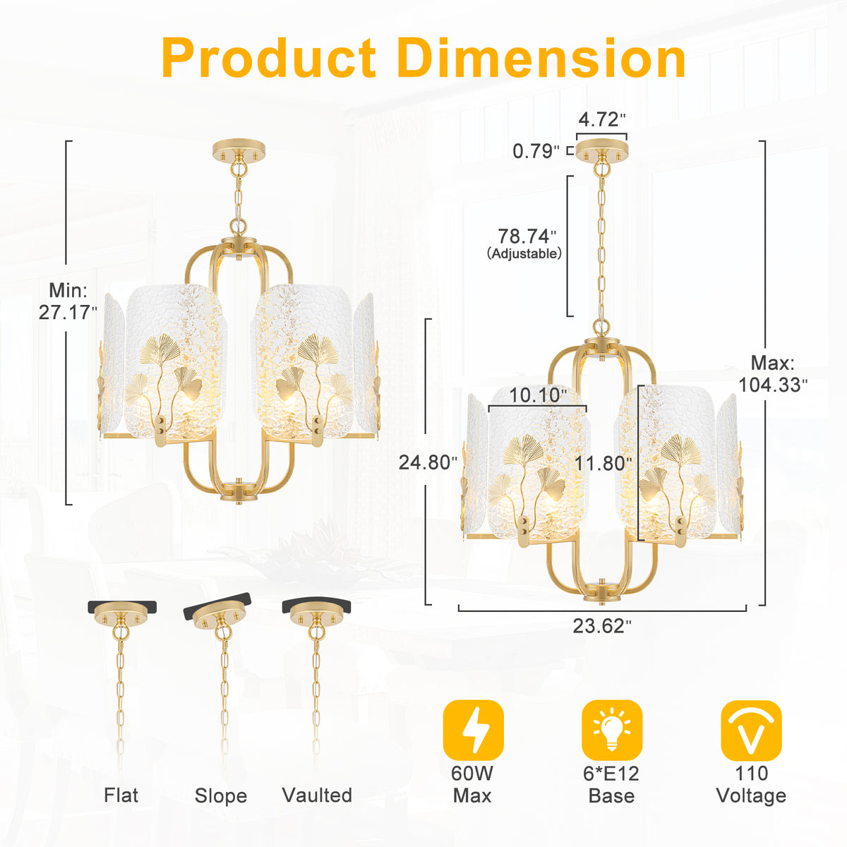 6-Light Modern Chandelier Hammered Glass Shades Leaf Accents Dining