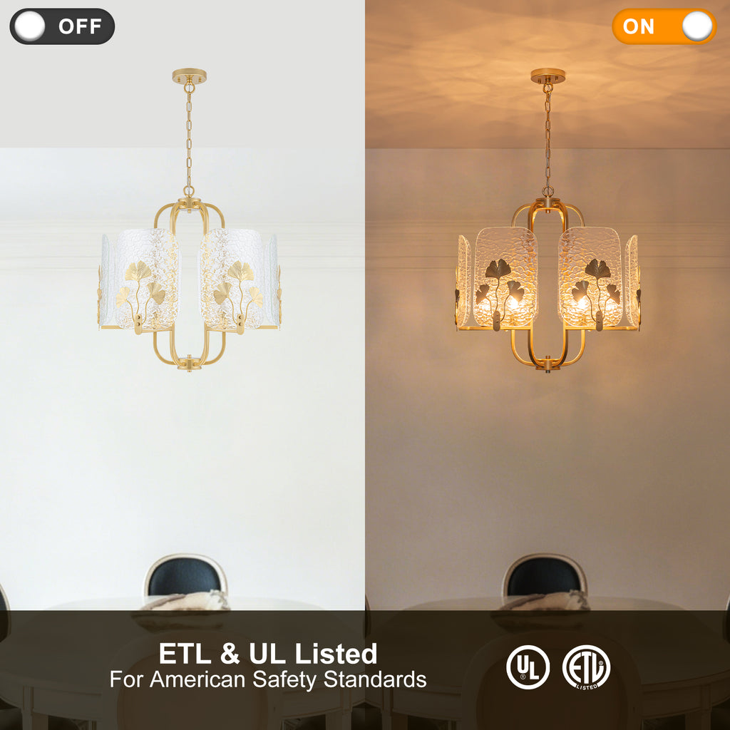 6-Light Modern Chandelier Hammered Glass Shades Leaf Accents Dining