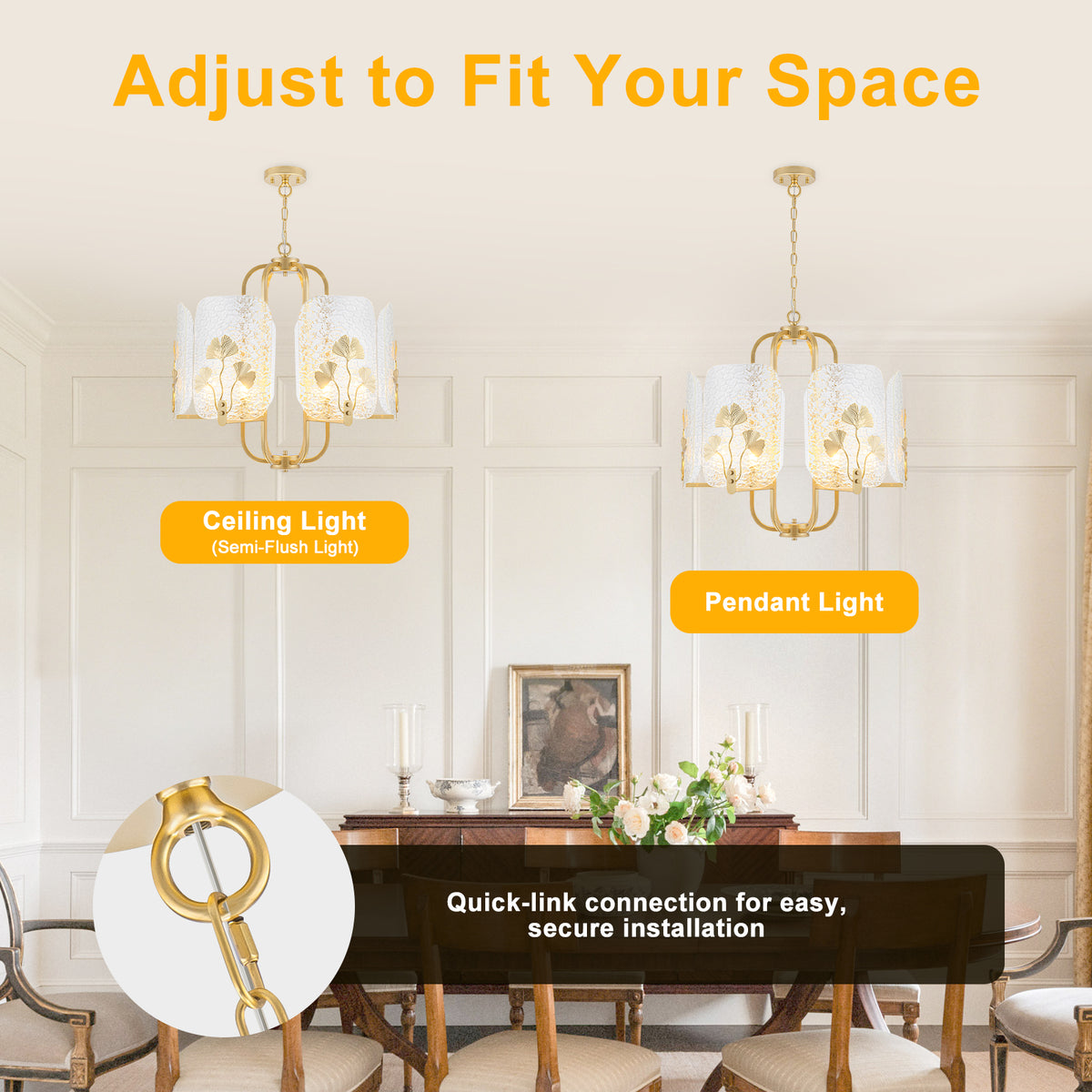 6-Light Modern Chandelier Hammered Glass Shades Leaf Accents Dining