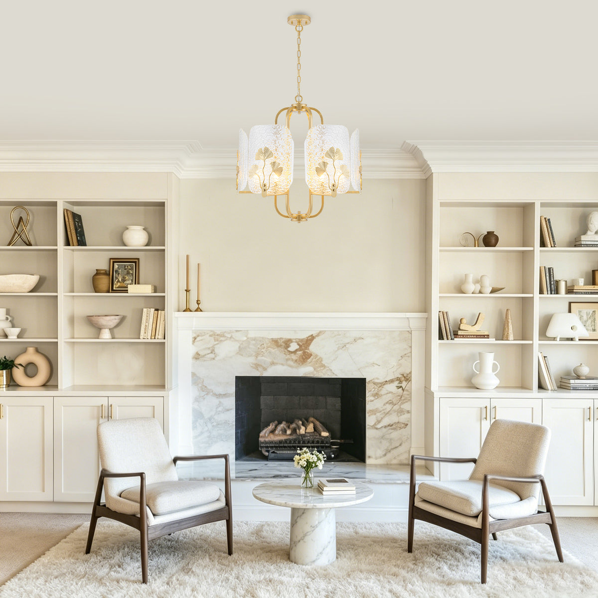 6-Light Modern Chandelier Hammered Glass Shades Leaf Accents Dining