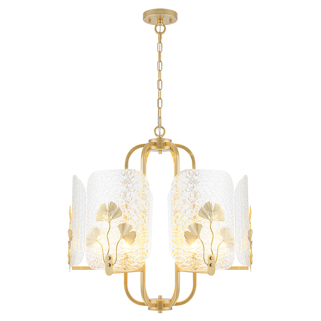 6-Light Modern Chandelier Hammered Glass Shades Leaf Accents Dining