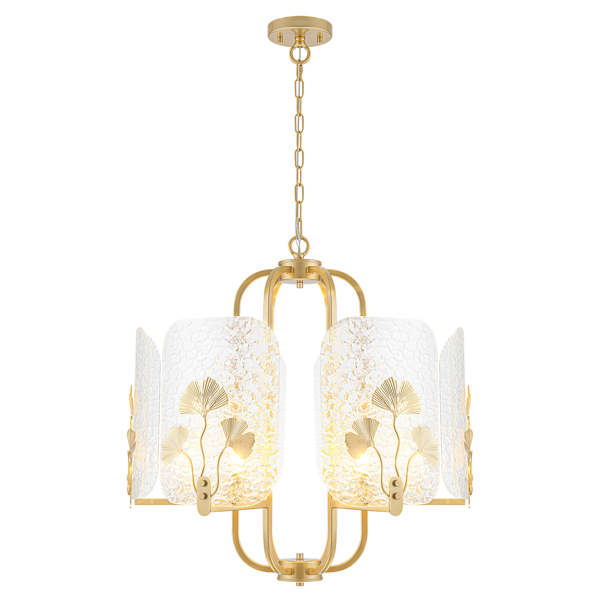 6-Light Modern Chandelier Hammered Glass Shades Leaf Accents Dining