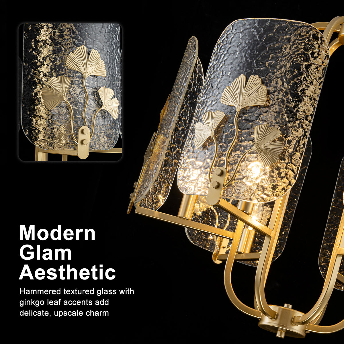 6-Light Modern Chandelier Hammered Glass Shades Leaf Accents Dining
