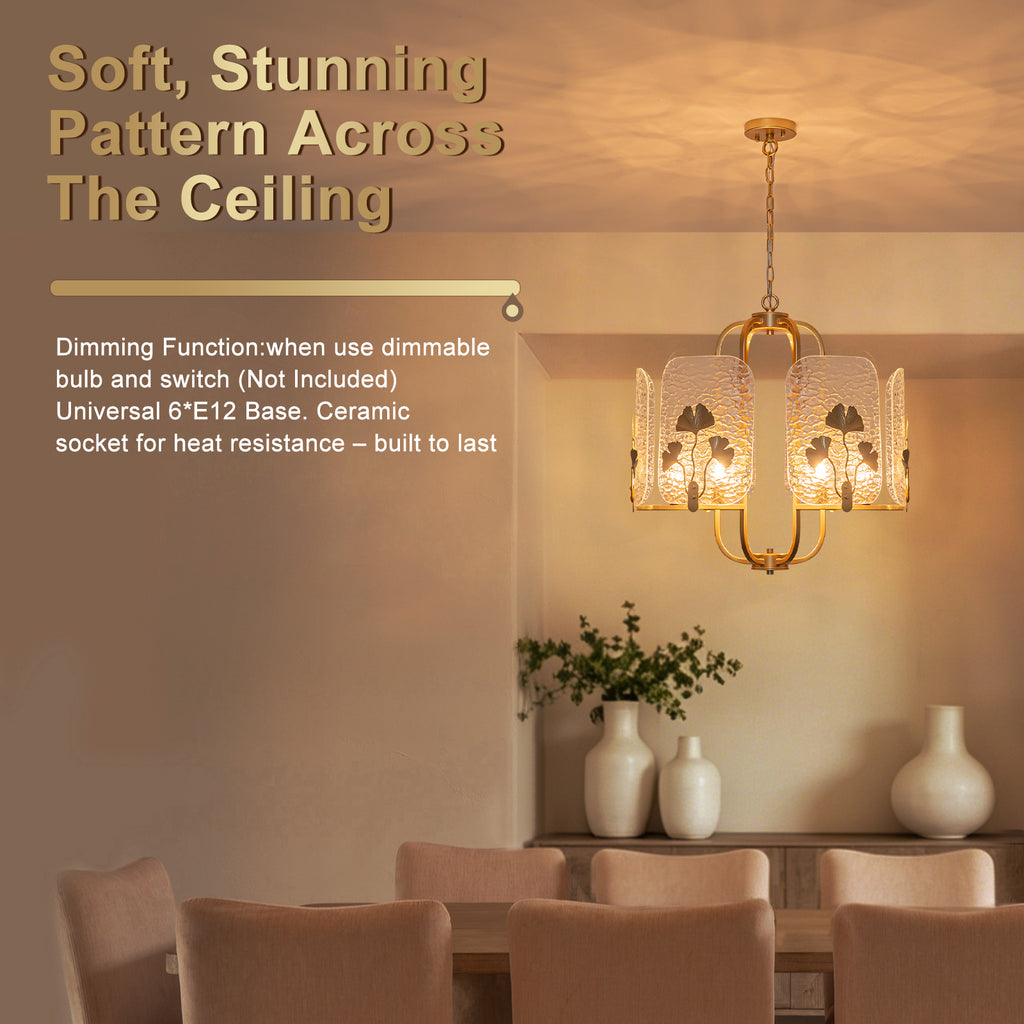 6-Light Modern Chandelier Hammered Glass Shades Leaf Accents Dining