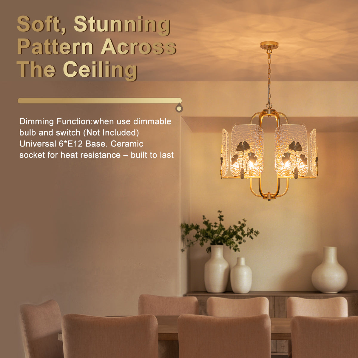 6-Light Modern Chandelier Hammered Glass Shades Leaf Accents Dining