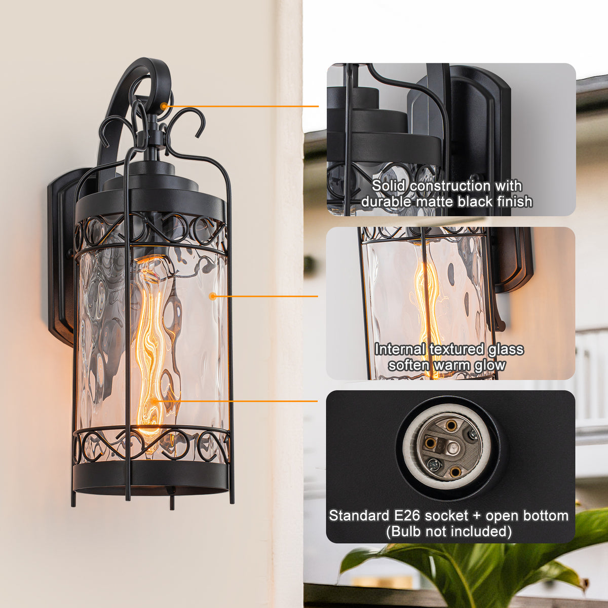 Black Outdoor Wall Lantern with Water Glass Waterproof Sconce Light - product image 8 | Zenvolit