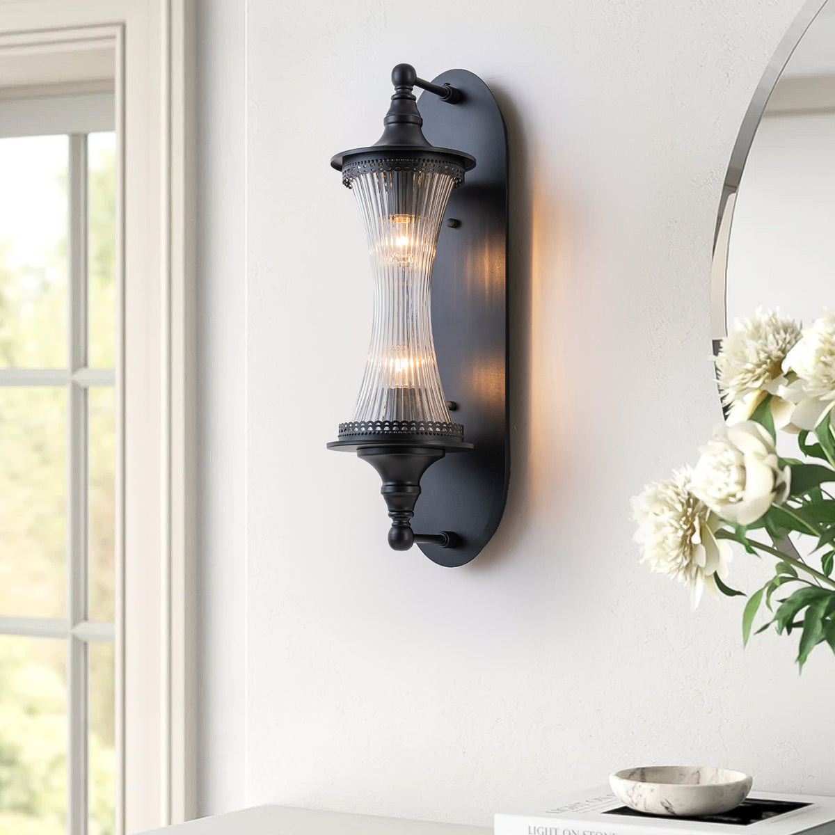 2-Light Matte Black Outdoor Wall Lantern Ribbed Glass Shade Patio - product image 1 | Zenvolit